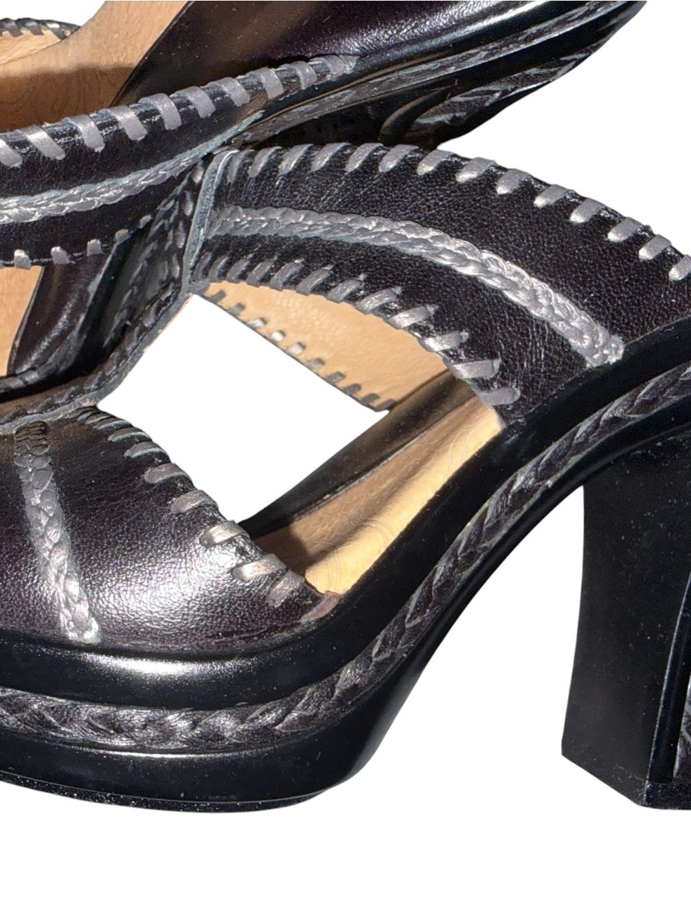 Sofft Black Platform Heel Sandals with Silver Stitching
